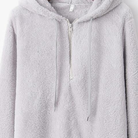 Full Size Quarter-Zip Drawstring Teddy Hoodie